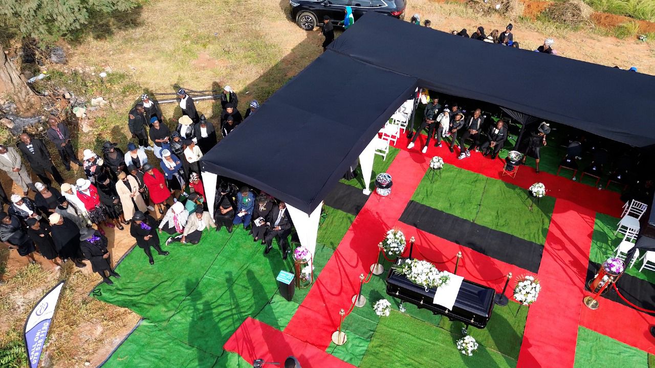 Aerial view of funeral tent setup